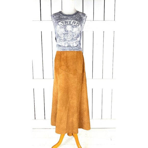 Vintage Avon tan brown suede leather aline long maxi skirt - Picture 1 of 8